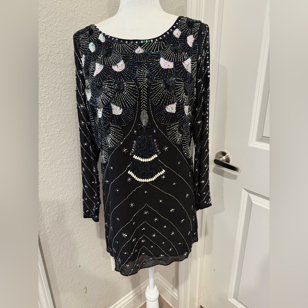 Jen's Pirate Booty Black Beaded Long-Sleeve Shift Mini Dress